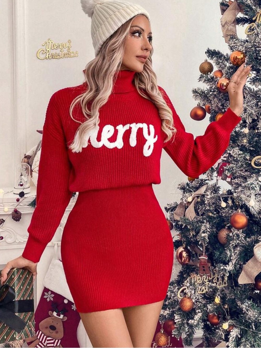 LUNE Women's Casual Christmas Letter Print Turtleneck Red Embroidered Dress